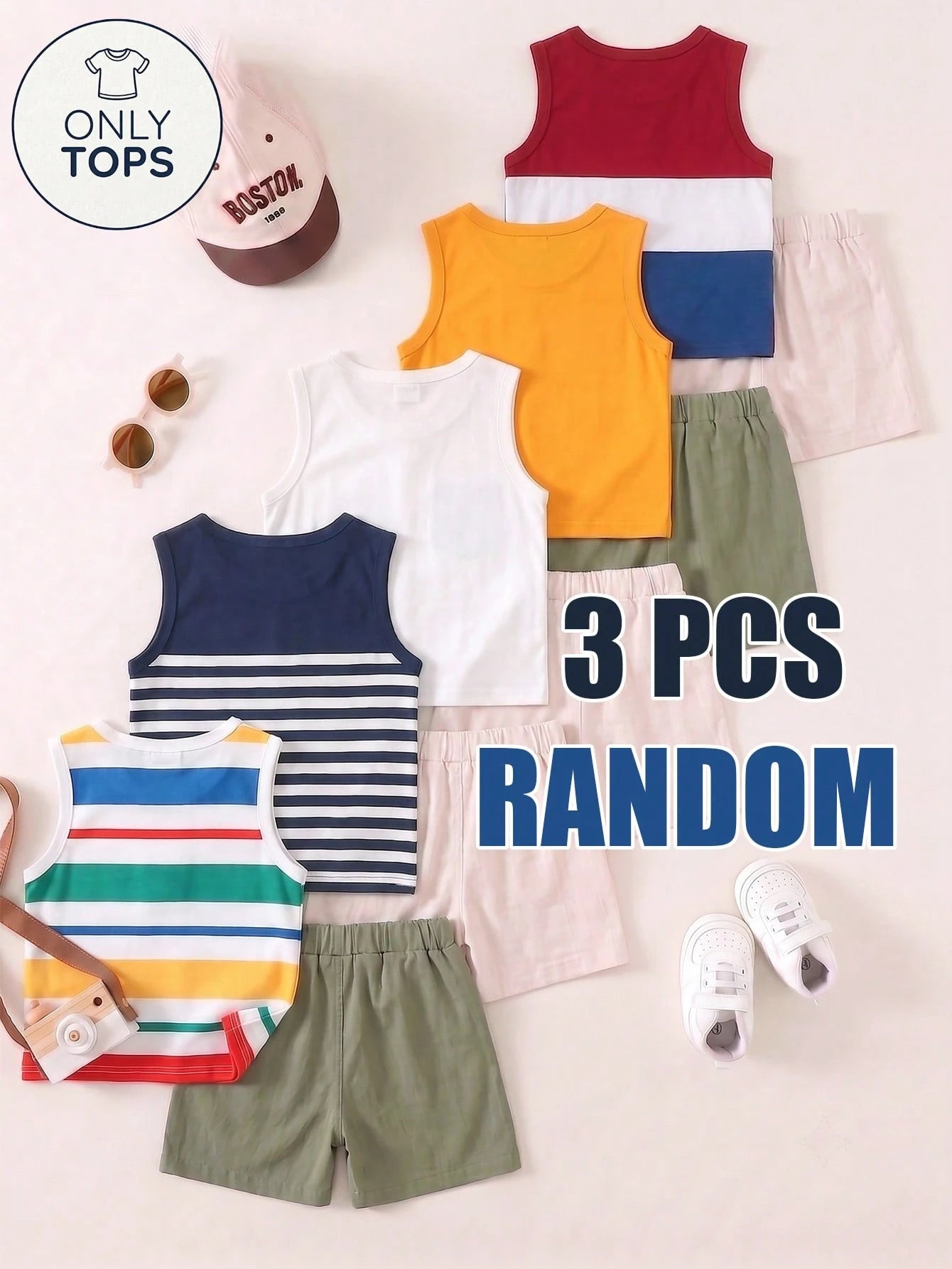 3 Random Piece Tops, Boy Tank Tops, All Round Neck + Wide Strap Basic Style, Fabric Looks Soft And Skin-Friendly
