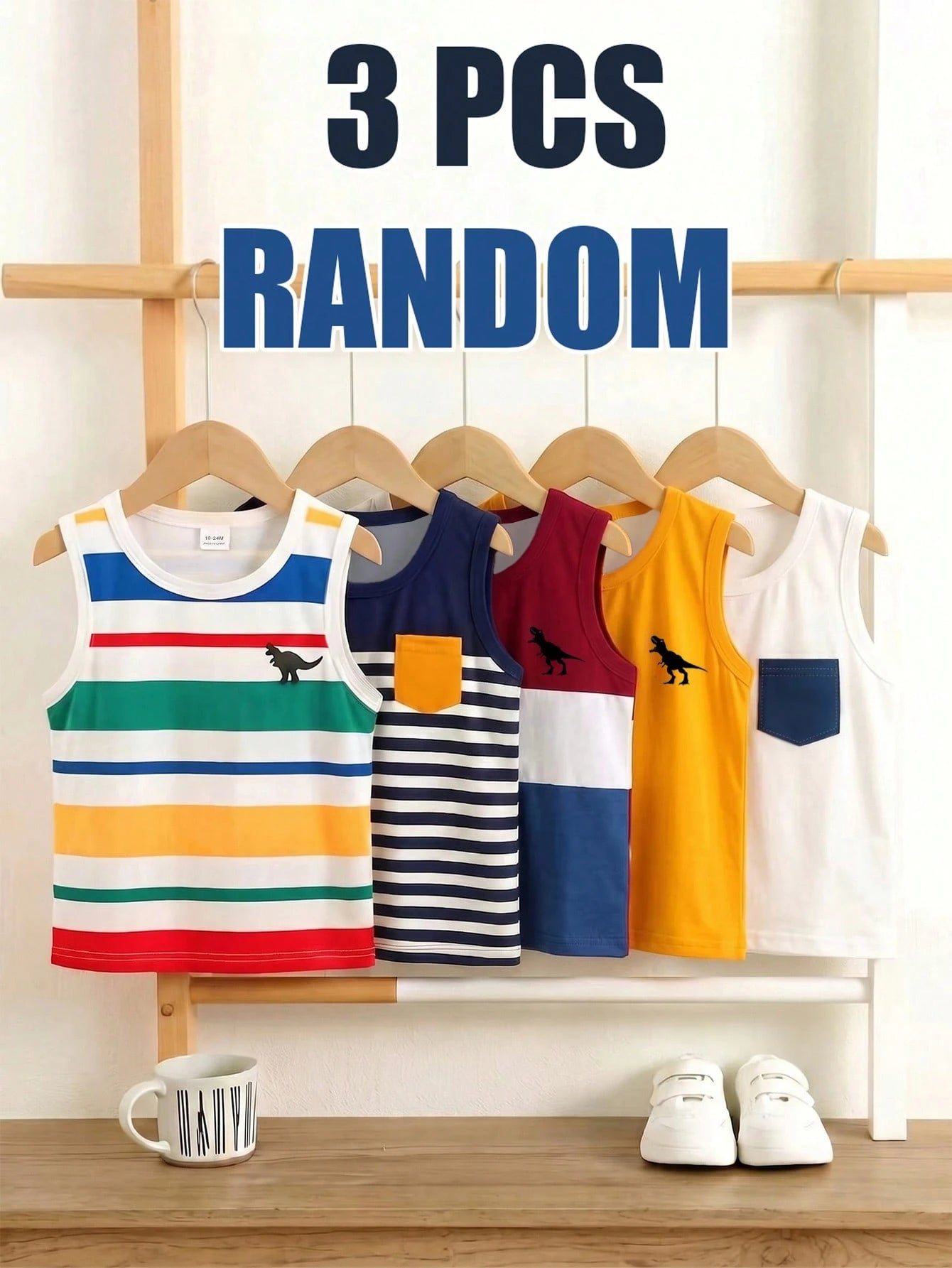 3 Random Piece Tops, Boy Tank Tops, All Round Neck + Wide Strap Basic Style, Fabric Looks Soft And Skin-Friendly