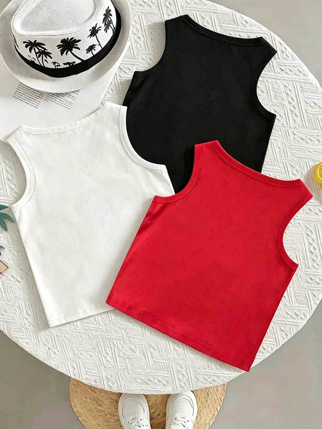 3 Random Piece Tops, Boy Tank Tops, All Round Neck + Wide Strap Basic Style, Fabric Looks Soft And Skin-Friendly
