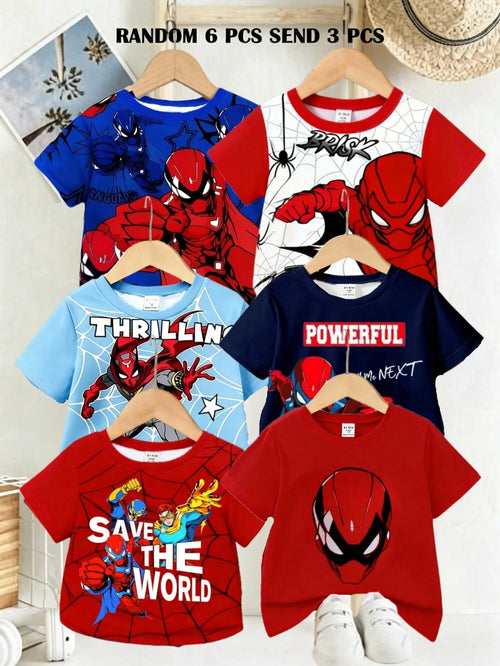 3 Random Pieces From 6 Designs, Cute Comfortable Simple Soft Casual Cartoon Print, Cartoon Boys Clothes Daily Tops, Boys Favorite Pattern Gift