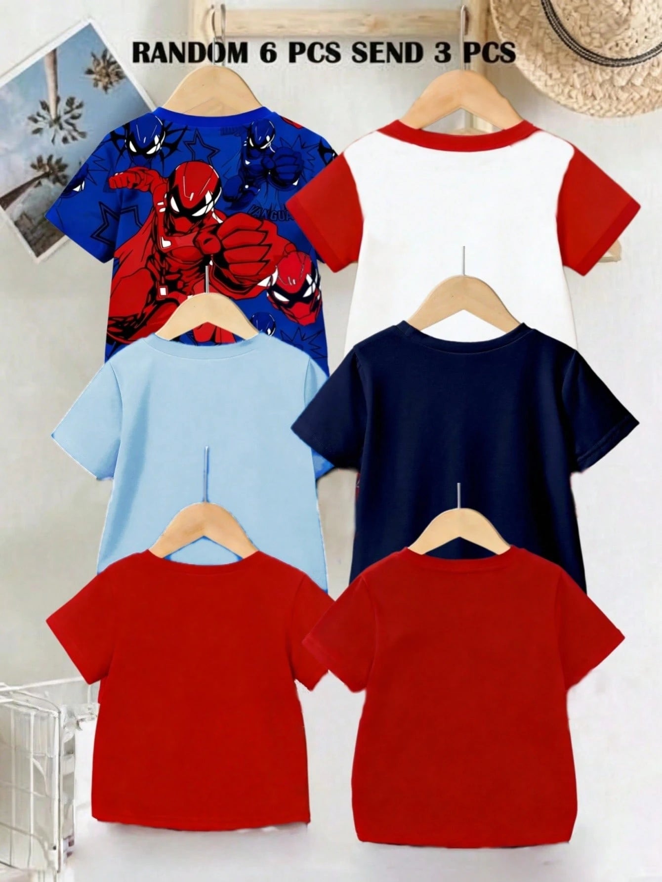 3 Random Pieces From 6 Designs, Cute Comfortable Simple Soft Casual Cartoon Print, Cartoon Boys Clothes Daily Tops, Boys Favorite Pattern Gift