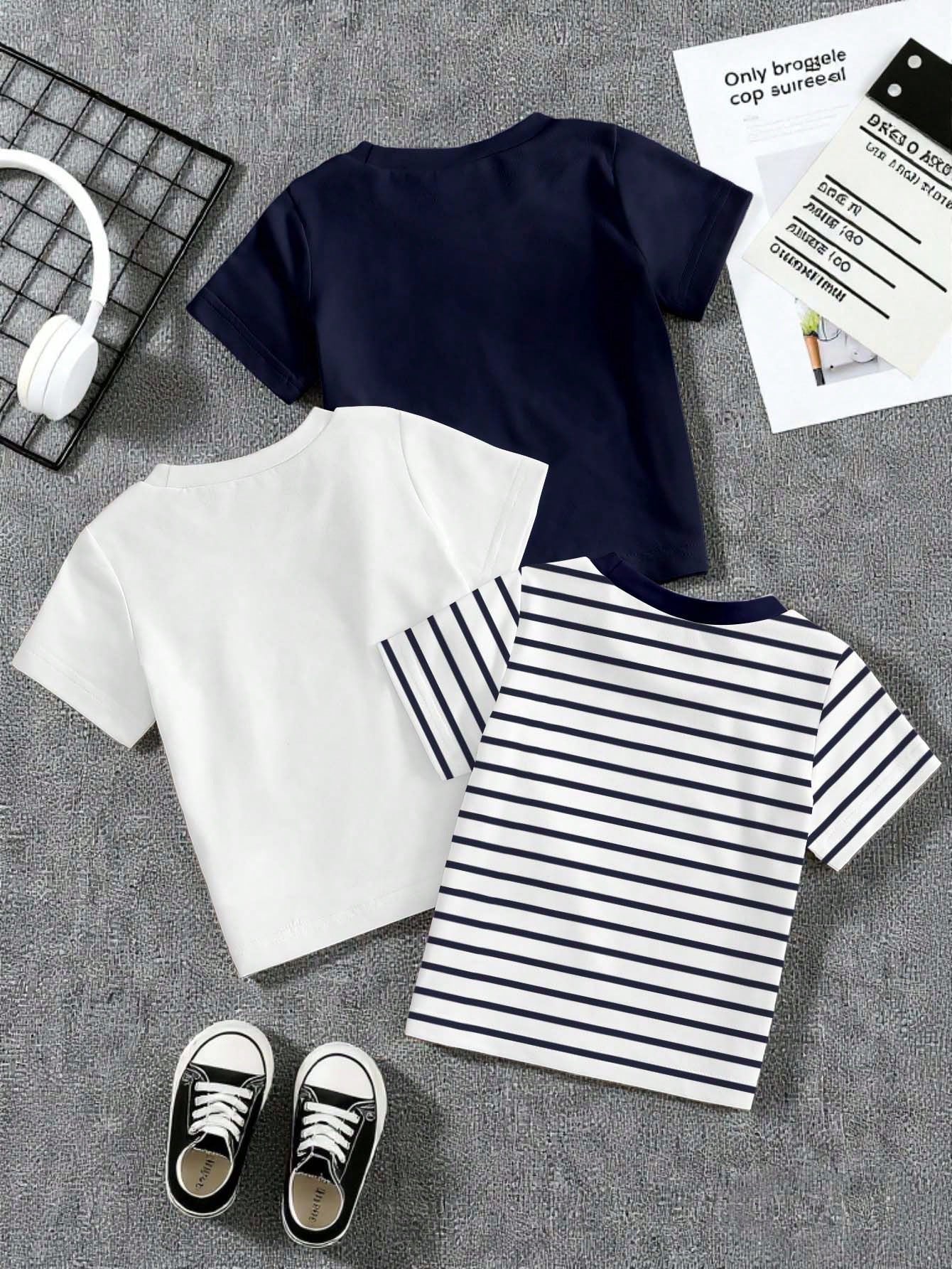 3 Random Pieces From 6 Designs, Cute Comfortable Simple Soft Casual Cartoon Print, Cartoon Boys Clothes Daily Tops, Boys Favorite Pattern Gift