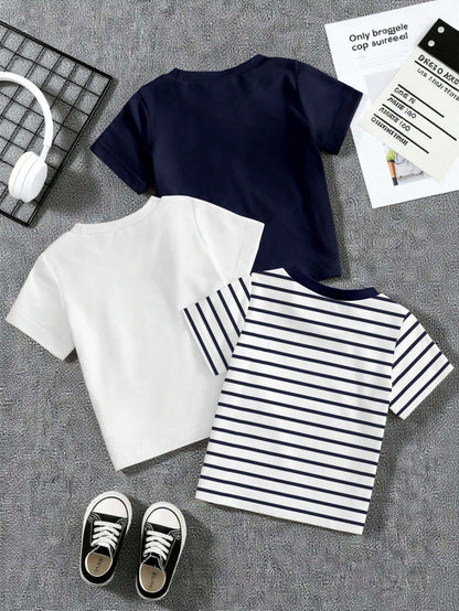 3 Random Pieces From 6 Designs, Cute Comfortable Simple Soft Casual Cartoon Print, Cartoon Boys Clothes Daily Tops, Boys Favorite Pattern Gift
