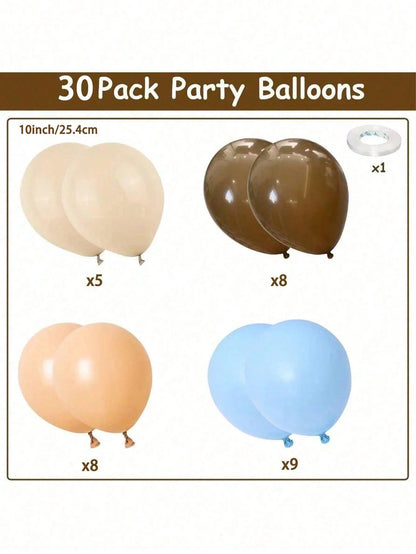 30/60pcs Blue & Brown Balloons, Pastel Macaron Blue, White, Beige, Nude Brown Latex Balloon Set, Light Baby Blue, Cream, Apricot, Coffee Color Balloons, Suitable For Teddy Bear Birthday, Baby Shower D