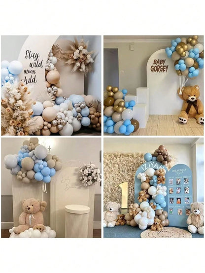 30/60pcs Blue & Brown Balloons, Pastel Macaron Blue, White, Beige, Nude Brown Latex Balloon Set, Light Baby Blue, Cream, Apricot, Coffee Color Balloons, Suitable For Teddy Bear Birthday, Baby Shower D