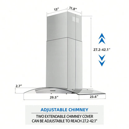 30 Inch Island Range Hood Stainless Steel 700 CFM Push Button Control Kitchen Exhaust Ventilation Fan With 5-Layer Mesh Filters, Large Airflow Capacity Ceiling Mount Vent Hood
