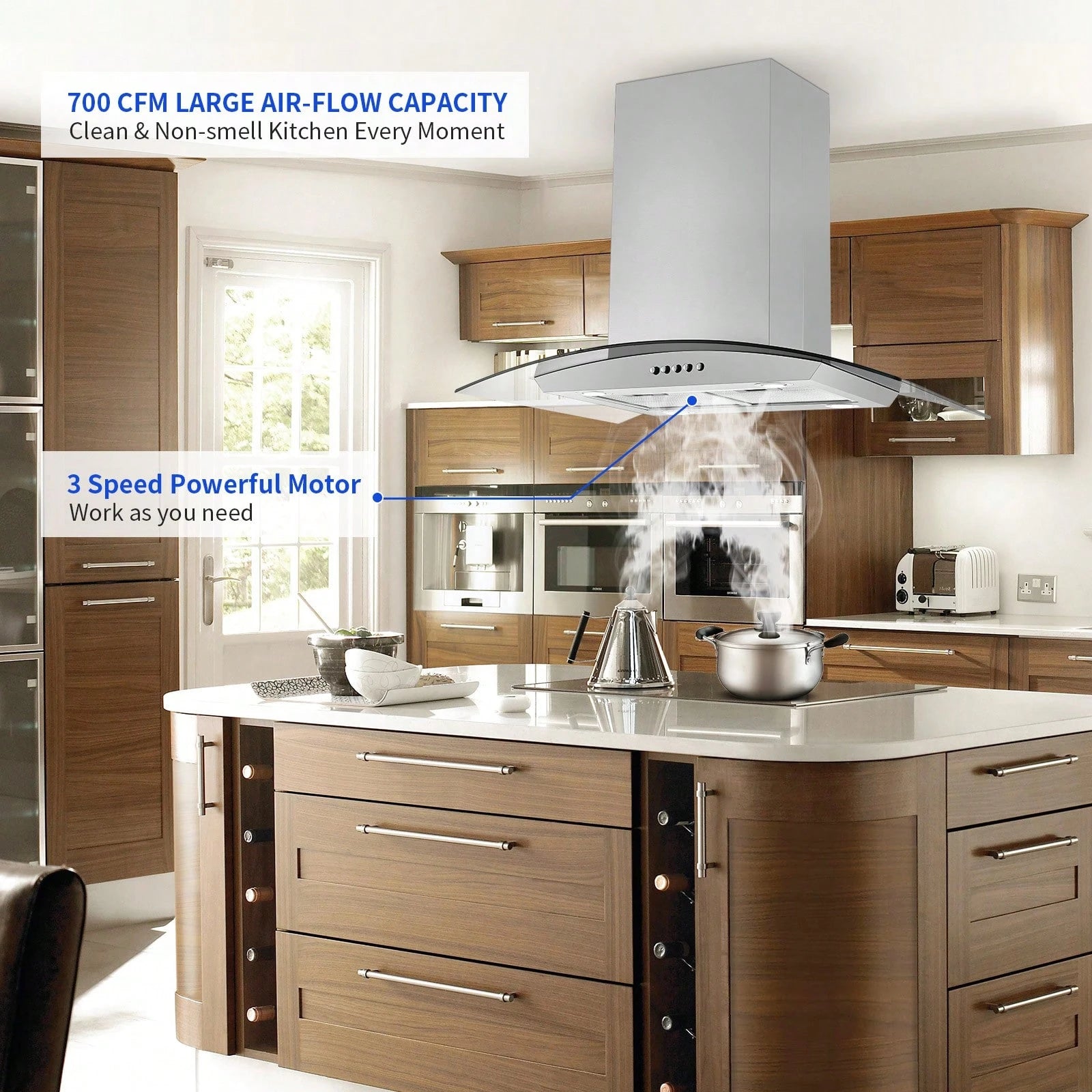 30 Inch Island Range Hood Stainless Steel 700 CFM Push Button Control Kitchen Exhaust Ventilation Fan With 5-Layer Mesh Filters, Large Airflow Capacity Ceiling Mount Vent Hood
