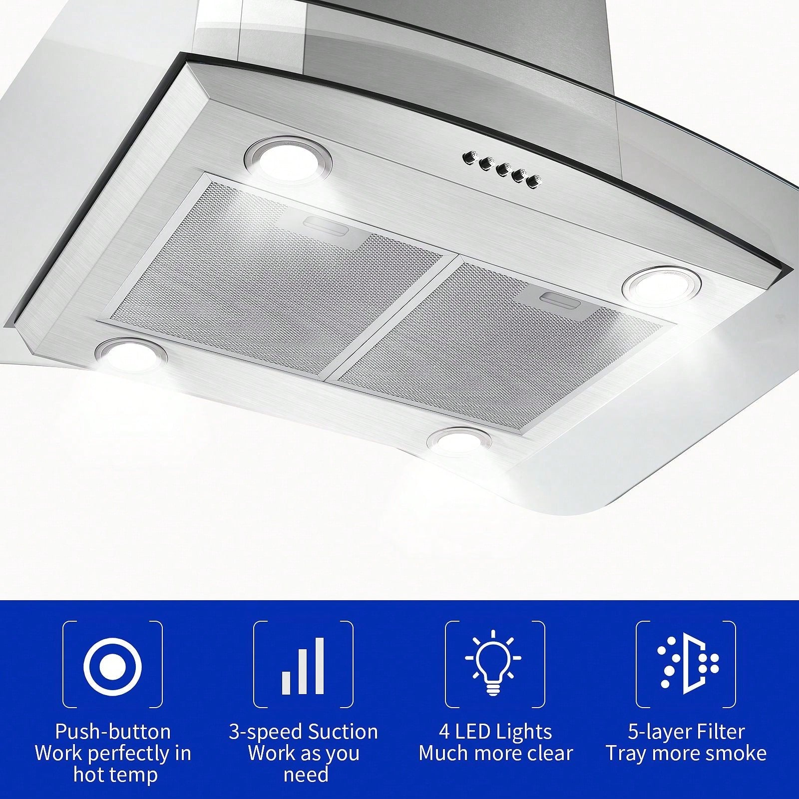 30 Inch Island Range Hood Stainless Steel 700 CFM Push Button Control Kitchen Exhaust Ventilation Fan With 5-Layer Mesh Filters, Large Airflow Capacity Ceiling Mount Vent Hood