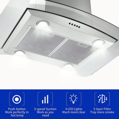 30 Inch Island Range Hood Stainless Steel 700 CFM Push Button Control Kitchen Exhaust Ventilation Fan With 5-Layer Mesh Filters, Large Airflow Capacity Ceiling Mount Vent Hood
