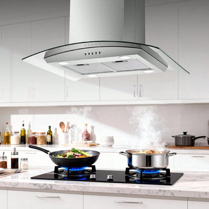30 Inch Island Range Hood Stainless Steel 700 CFM Push Button Control Kitchen Exhaust Ventilation Fan With 5-Layer Mesh Filters, Large Airflow Capacity Ceiling Mount Vent Hood