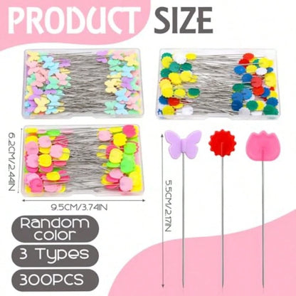 300PCS Flat Head Straight Pins Kits, Head Sewing Pins Quilting Pins, Flower Head Sewing Pins For Fabric With Storage Boxes For Sewing DIY Projects, Dressmaker Decoration