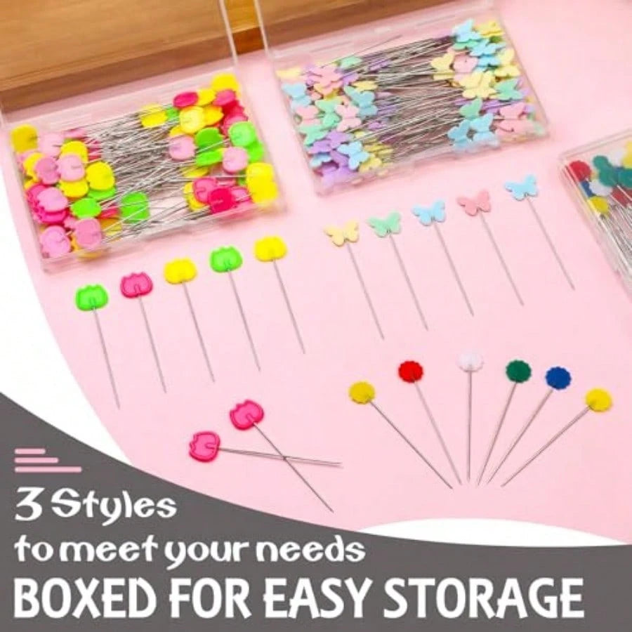 300PCS Flat Head Straight Pins Kits, Head Sewing Pins Quilting Pins, Flower Head Sewing Pins For Fabric With Storage Boxes For Sewing DIY Projects, Dressmaker Decoration