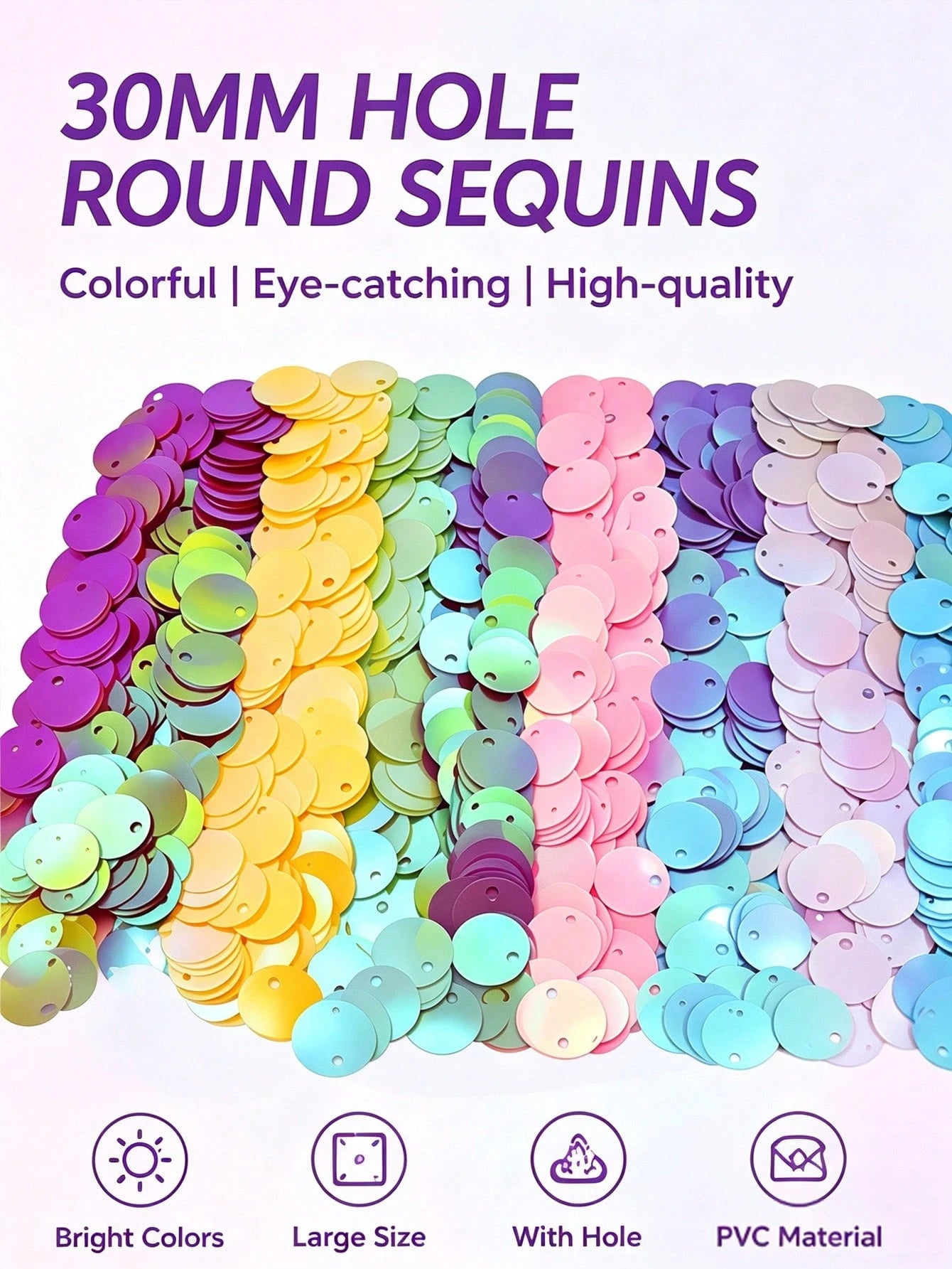 30mm Large Hole Flat Round Loose Sequins, 3cm Large PVC Colorful Iridescent Sequins, Bulk Embroidery Handmade Sequins, Suitable For Clothing Jewelry Making, DIY Sewing Accessories, Aesthetic Style