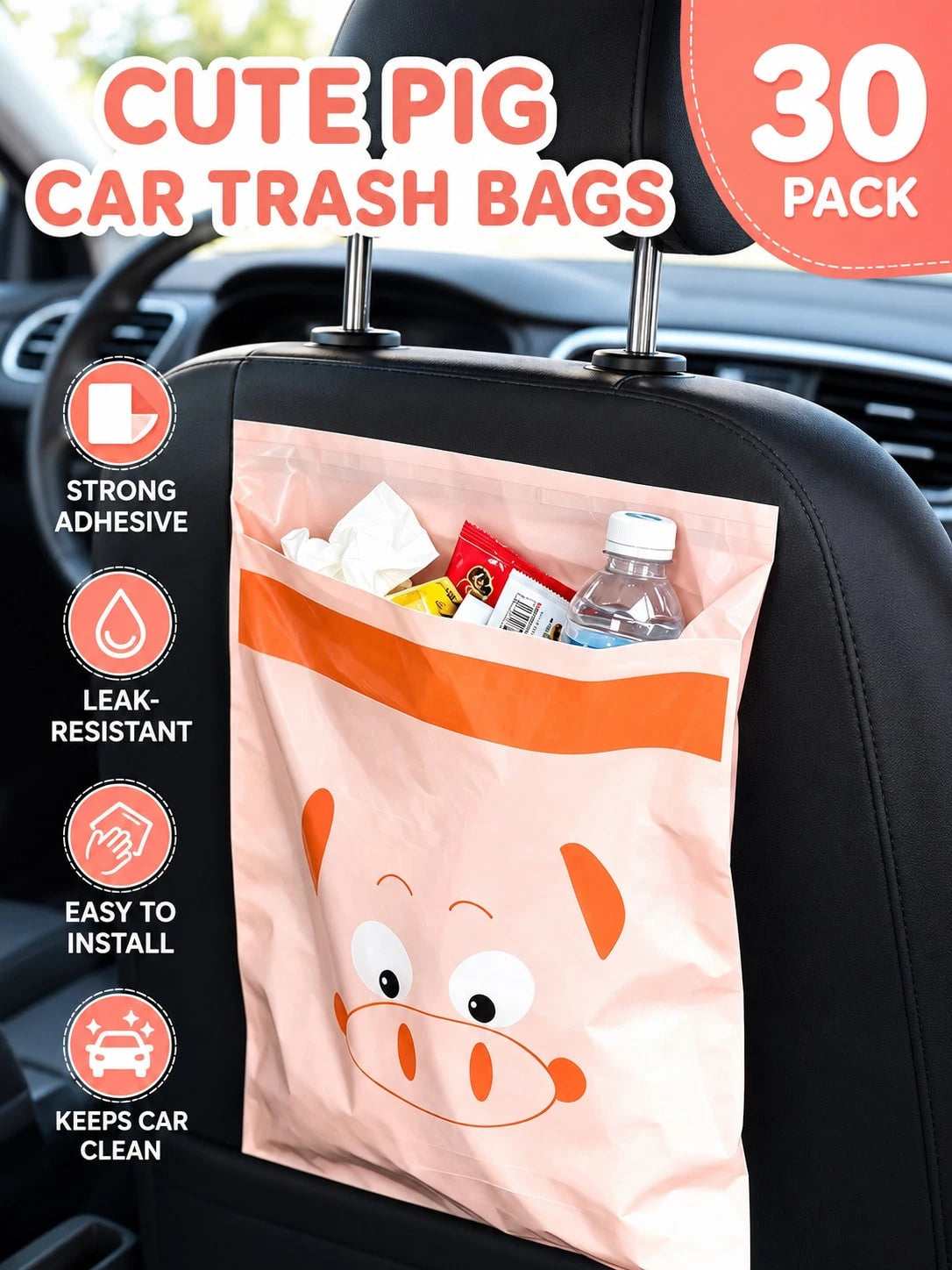 30pcs Cute Pig Car Trash Bags, Adhesive Non-Mark Disposable Car Trash Bin, Waterproof Portable Car Cleaning Bags