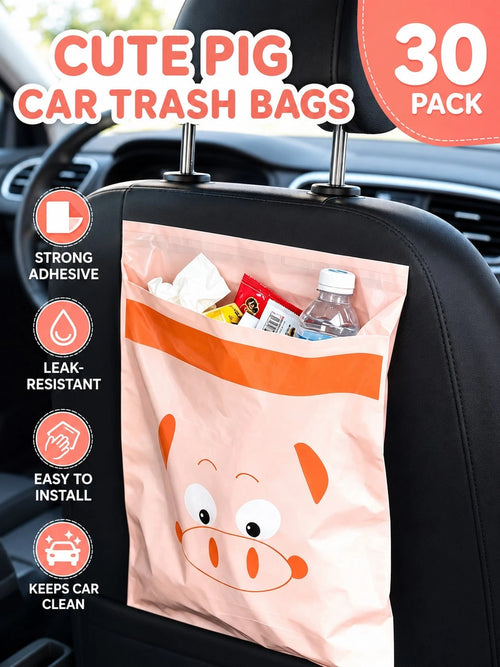 30pcs Cute Pig Car Trash Bags, Adhesive Non-Mark Disposable Car Trash Bin, Waterproof Portable Car Cleaning Bags