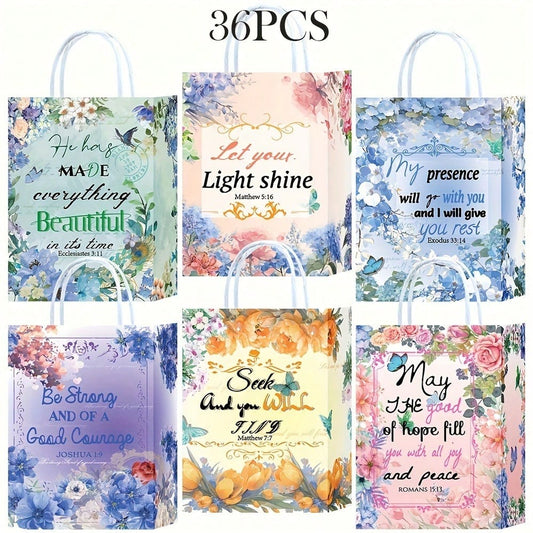 36 Bible Scripture Gift Bags With Handles, Bulk Floral Pattern Religious Gift Bags, Suitable For Weddings, Birthdays, Baptisms, Easter, Inspirational Christian Church Gifts For Women