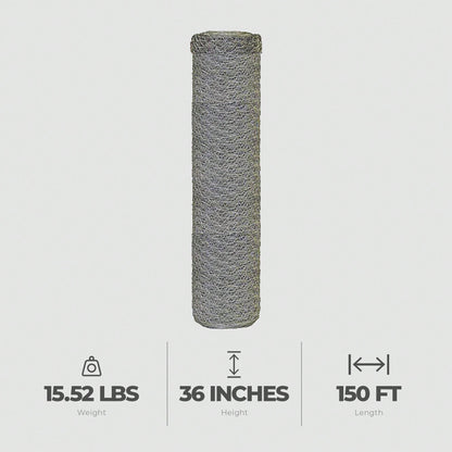 36" X 150ft Galvanized Chicken Wire Roll- 2 Inch Hexagonal Mesh, Woven Steel Wire For Garden Fencing, Chicken Coops, Plant Protection & DIY Crafts