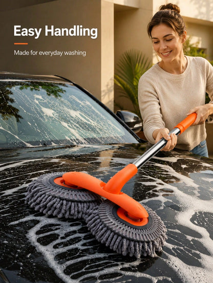 360-Degree Rotating Dual Head Car Wash Brush, Telescopic Long Handle Microfiber Car Wash Mop, Portable Windshield Cleaning Brush, Universal RV Accessory, Soft Absorbent Tool For Car Window, Van, Campe