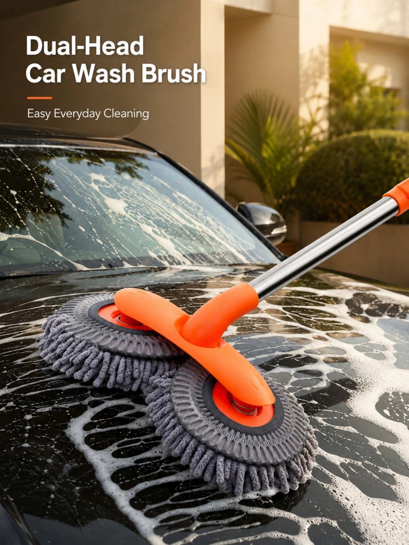 360-Degree Rotating Dual Head Car Wash Brush, Telescopic Long Handle Microfiber Car Wash Mop, Portable Windshield Cleaning Brush, Universal RV Accessory, Soft Absorbent Tool For Car Window, Van, Campe