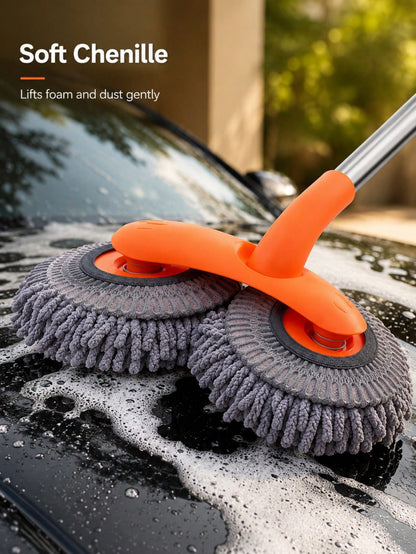 360-Degree Rotating Dual Head Car Wash Brush, Telescopic Long Handle Microfiber Car Wash Mop, Portable Windshield Cleaning Brush, Universal RV Accessory, Soft Absorbent Tool For Car Window, Van, Campe