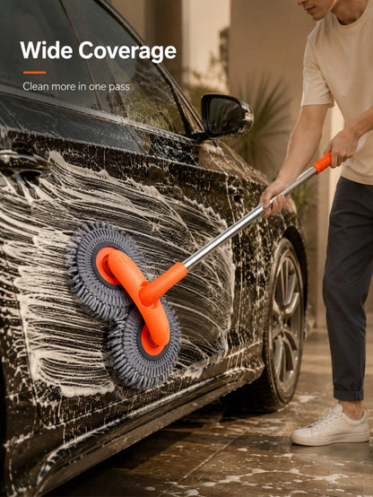 360-Degree Rotating Dual Head Car Wash Brush, Telescopic Long Handle Microfiber Car Wash Mop, Portable Windshield Cleaning Brush, Universal RV Accessory, Soft Absorbent Tool For Car Window, Van, Campe