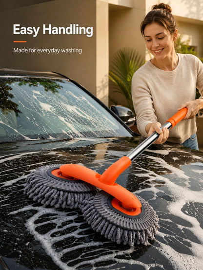 360-Degree Rotating Dual Head Car Wash Brush, Telescopic Long Handle Microfiber Car Wash Mop, Portable Windshield Cleaning Brush, Universal RV Accessory, Soft Absorbent Tool For Car Window, Van, Campe