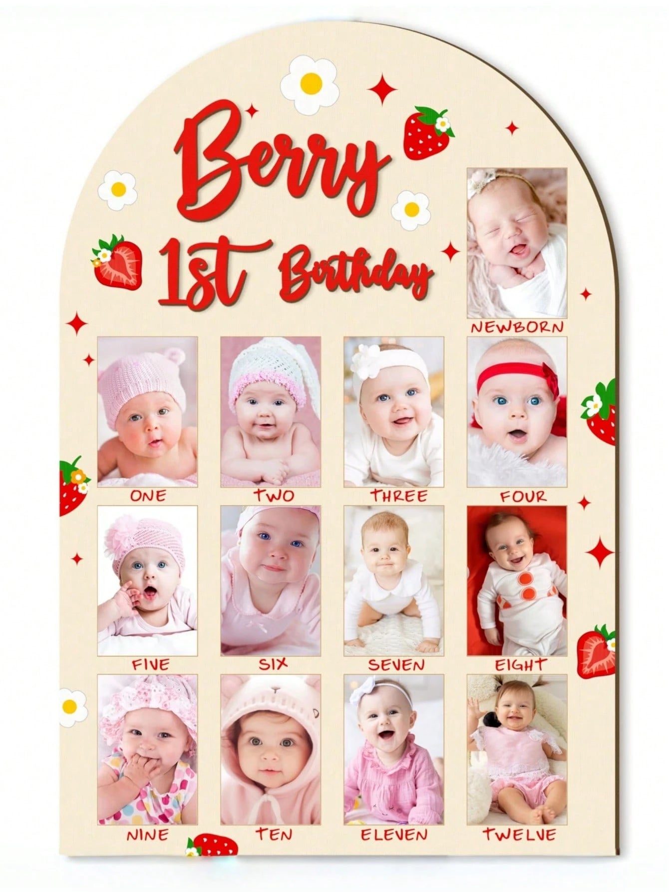 3D Berries Shaped Wooden 1st Birthday Photo Display Board, Adorable Strawberry Baby 1 Year Old Milestone Commemorative Frame, 1-12 Months Growth Milestone Board, Birthday Decoration, Baby Girl Gift, N
