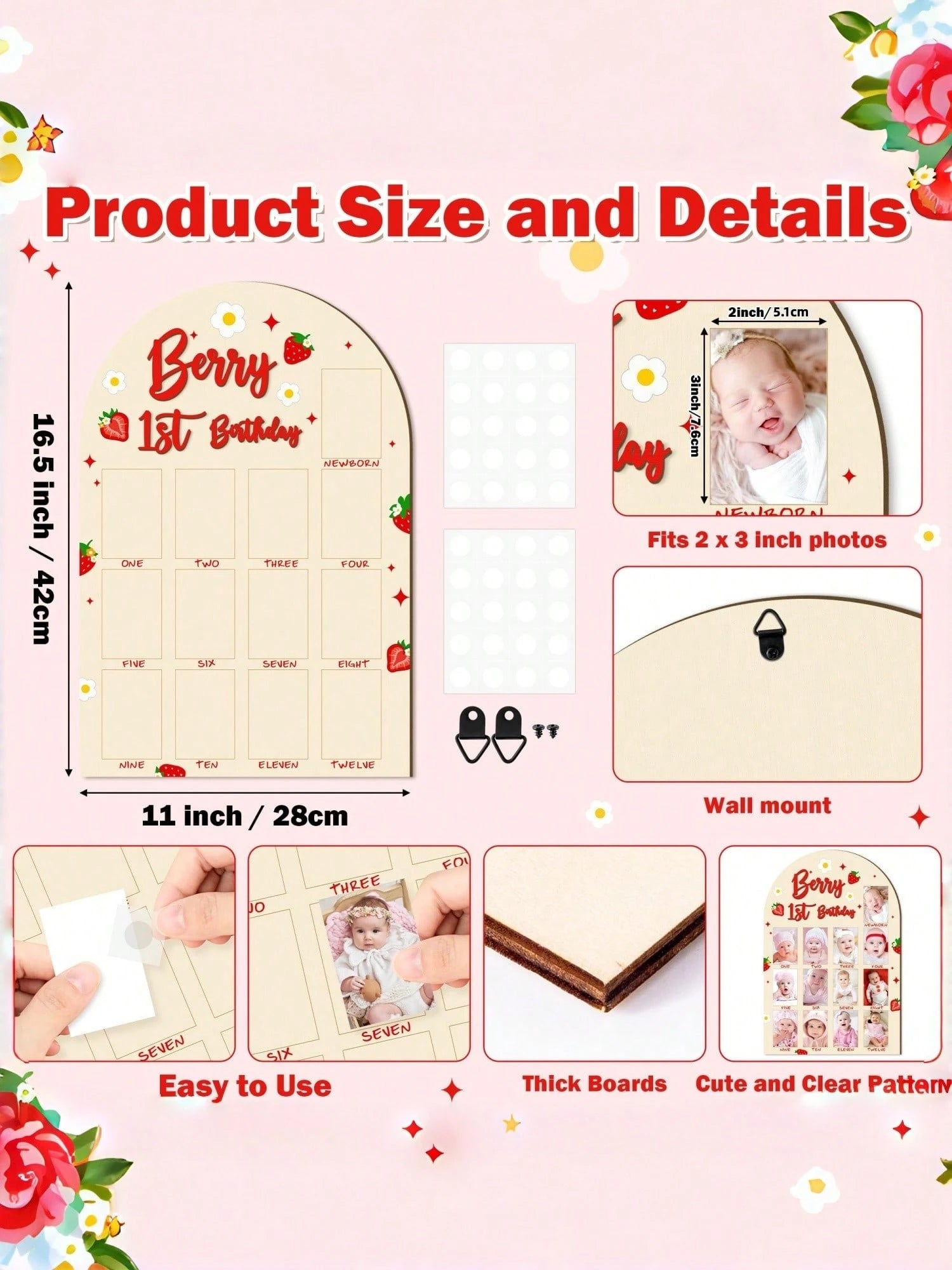 3D Berries Shaped Wooden 1st Birthday Photo Display Board, Adorable Strawberry Baby 1 Year Old Milestone Commemorative Frame, 1-12 Months Growth Milestone Board, Birthday Decoration, Baby Girl Gift, N