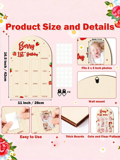 3D Berries Shaped Wooden 1st Birthday Photo Display Board, Adorable Strawberry Baby 1 Year Old Milestone Commemorative Frame, 1-12 Months Growth Milestone Board, Birthday Decoration, Baby Girl Gift, N