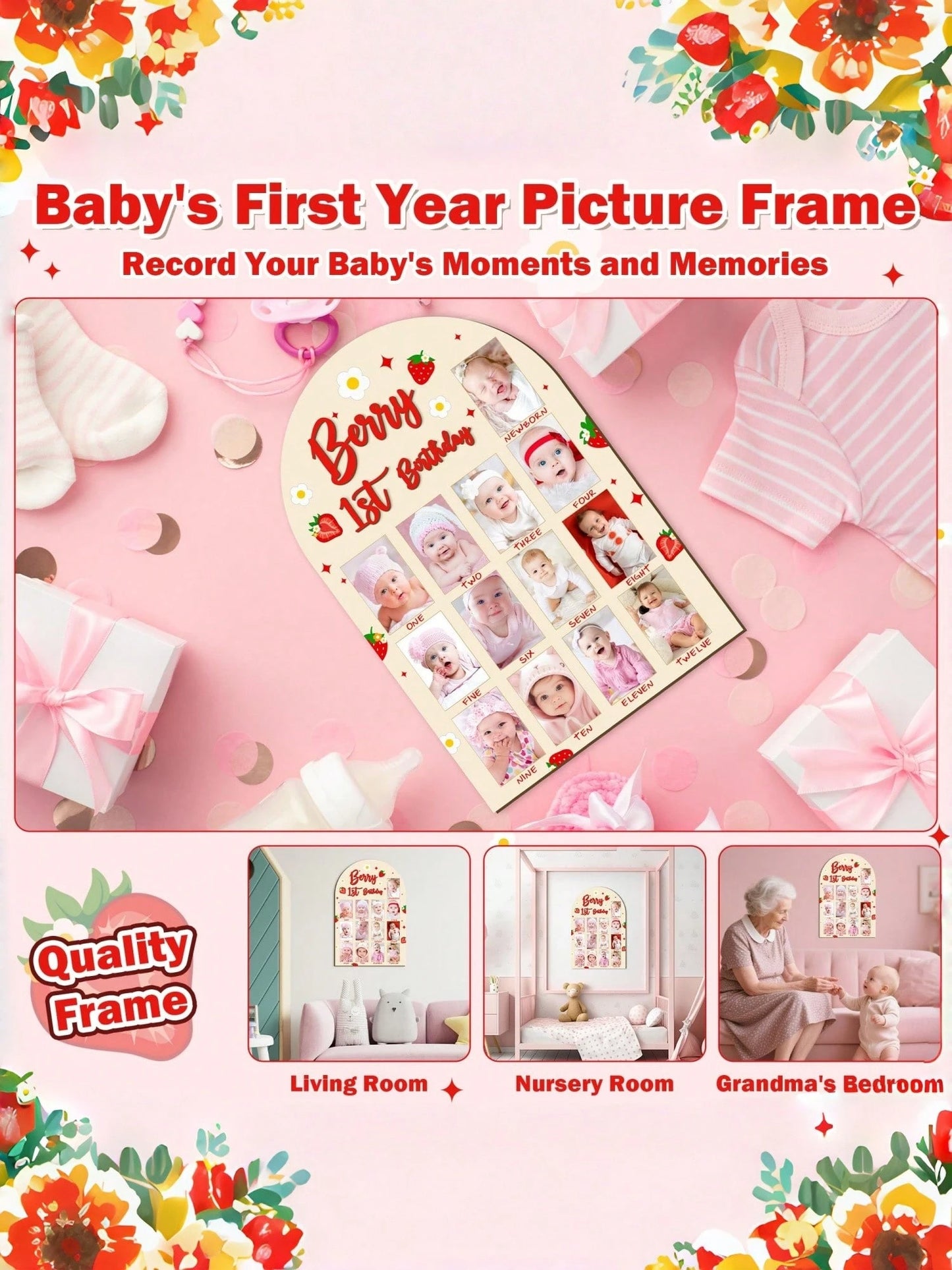 3D Berries Shaped Wooden 1st Birthday Photo Display Board, Adorable Strawberry Baby 1 Year Old Milestone Commemorative Frame, 1-12 Months Growth Milestone Board, Birthday Decoration, Baby Girl Gift, N