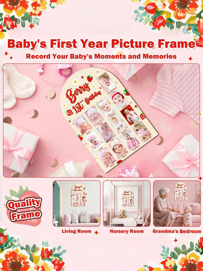 3D Berries Shaped Wooden 1st Birthday Photo Display Board, Adorable Strawberry Baby 1 Year Old Milestone Commemorative Frame, 1-12 Months Growth Milestone Board, Birthday Decoration, Baby Girl Gift, N