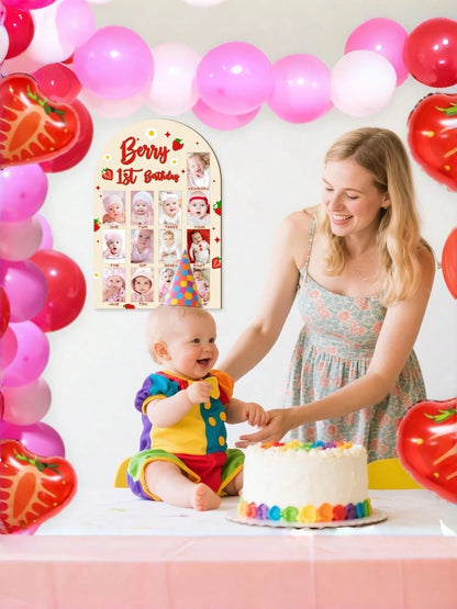 3D Berries Shaped Wooden 1st Birthday Photo Display Board, Adorable Strawberry Baby 1 Year Old Milestone Commemorative Frame, 1-12 Months Growth Milestone Board, Birthday Decoration, Baby Girl Gift, N