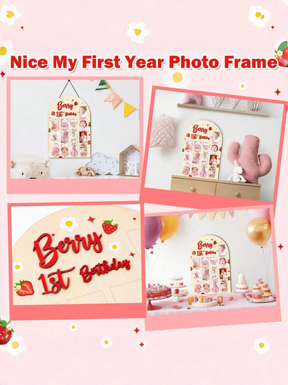 3D Berries Shaped Wooden 1st Birthday Photo Display Board, Adorable Strawberry Baby 1 Year Old Milestone Commemorative Frame, 1-12 Months Growth Milestone Board, Birthday Decoration, Baby Girl Gift, N