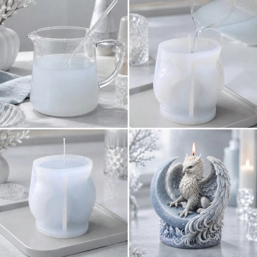 3D Griffin On Crescent Moon Candle Mold Mythical Beast Silicone Mold For DIY Epoxy Resin Gypsum Plaster Casting Crystal Cluster Base Gothic Fantasy Decor