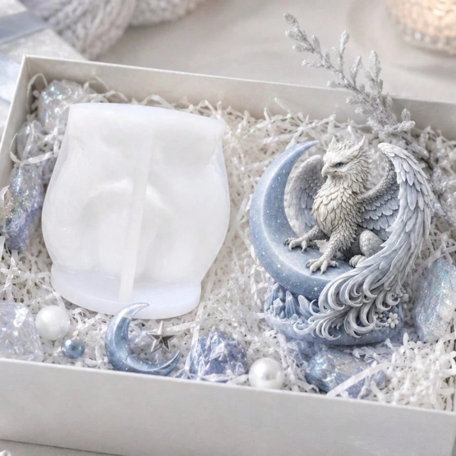 3D Griffin On Crescent Moon Candle Mold Mythical Beast Silicone Mold For DIY Epoxy Resin Gypsum Plaster Casting Crystal Cluster Base Gothic Fantasy Decor