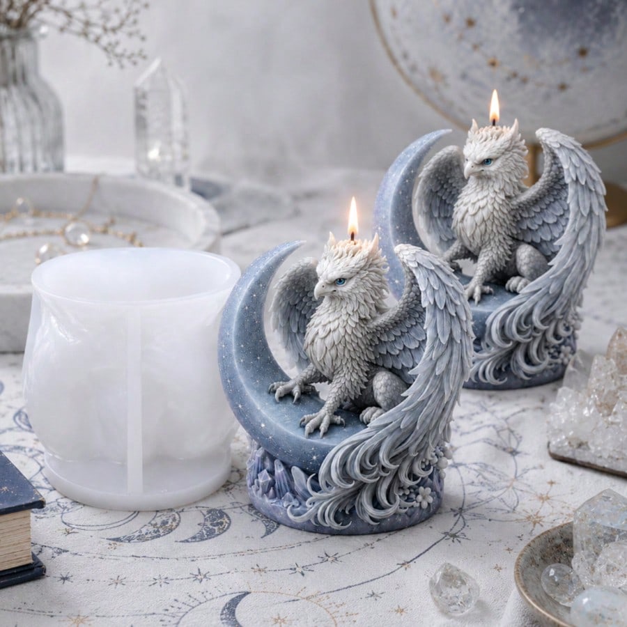3D Griffin On Crescent Moon Candle Mold Mythical Beast Silicone Mold For DIY Epoxy Resin Gypsum Plaster Casting Crystal Cluster Base Gothic Fantasy Decor