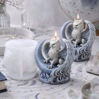 3D Griffin On Crescent Moon Candle Mold Mythical Beast Silicone Mold For DIY Epoxy Resin Gypsum Plaster Casting Crystal Cluster Base Gothic Fantasy Decor