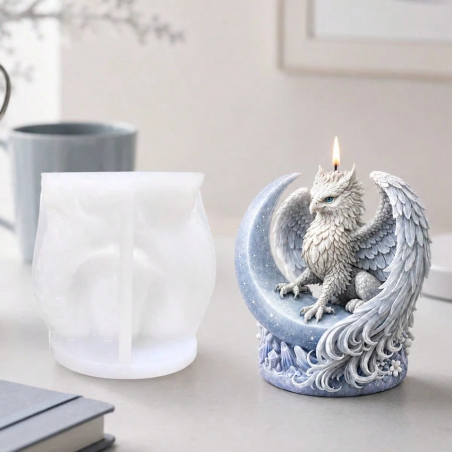 3D Griffin On Crescent Moon Candle Mold Mythical Beast Silicone Mold For DIY Epoxy Resin Gypsum Plaster Casting Crystal Cluster Base Gothic Fantasy Decor