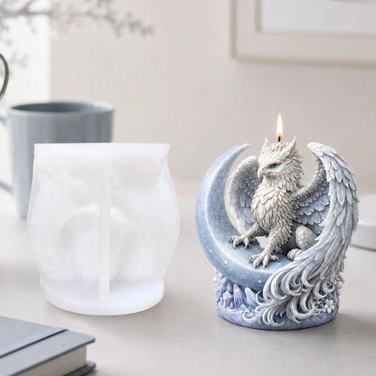 3D Griffin On Crescent Moon Candle Mold Mythical Beast Silicone Mold For DIY Epoxy Resin Gypsum Plaster Casting Crystal Cluster Base Gothic Fantasy Decor