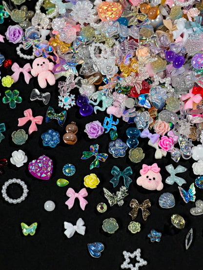 3D Mixed Colors Resin Flatback Nail Art Charms, 30g Pack Heart Flower Bow Rhinestones For DIY Craft Jewelry Making Supplies