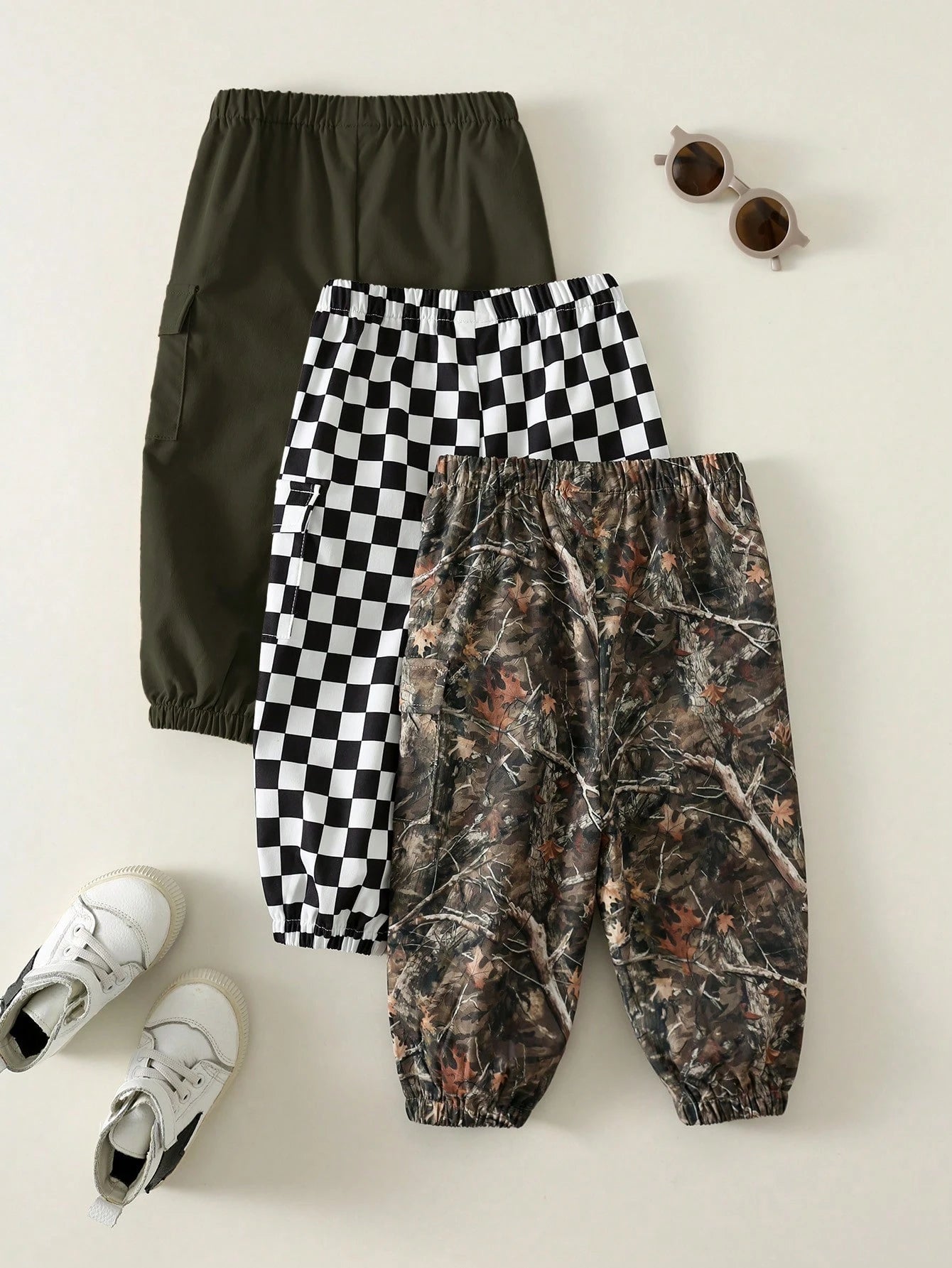 3pcs Baby Boy Casual Camouflage, Plaid, Solid Color Cargo Pants, Cargo Pants Set, Suitable For Summer, Spring, Autumn