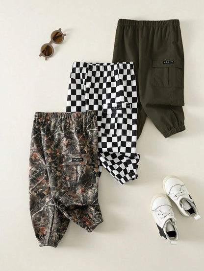 3pcs Baby Boy Casual Camouflage, Plaid, Solid Color Cargo Pants, Cargo Pants Set, Suitable For Summer, Spring, Autumn