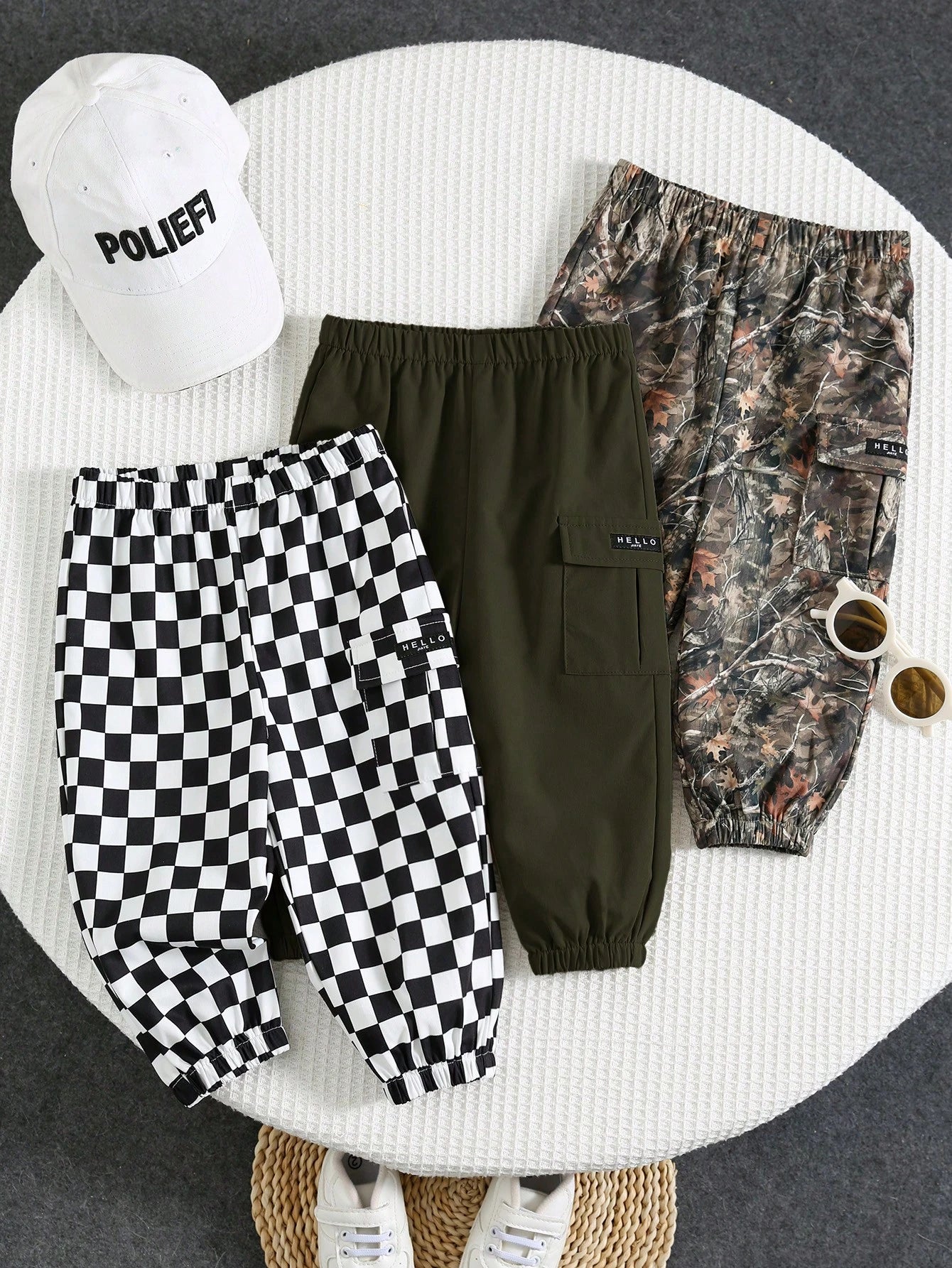 3pcs Baby Boy Casual Camouflage, Plaid, Solid Color Cargo Pants, Cargo Pants Set, Suitable For Summer, Spring, Autumn