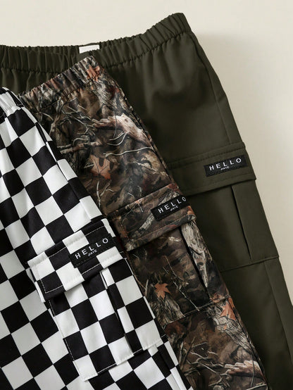 3pcs Baby Boy Casual Camouflage, Plaid, Solid Color Cargo Pants, Cargo Pants Set, Suitable For Summer, Spring, Autumn