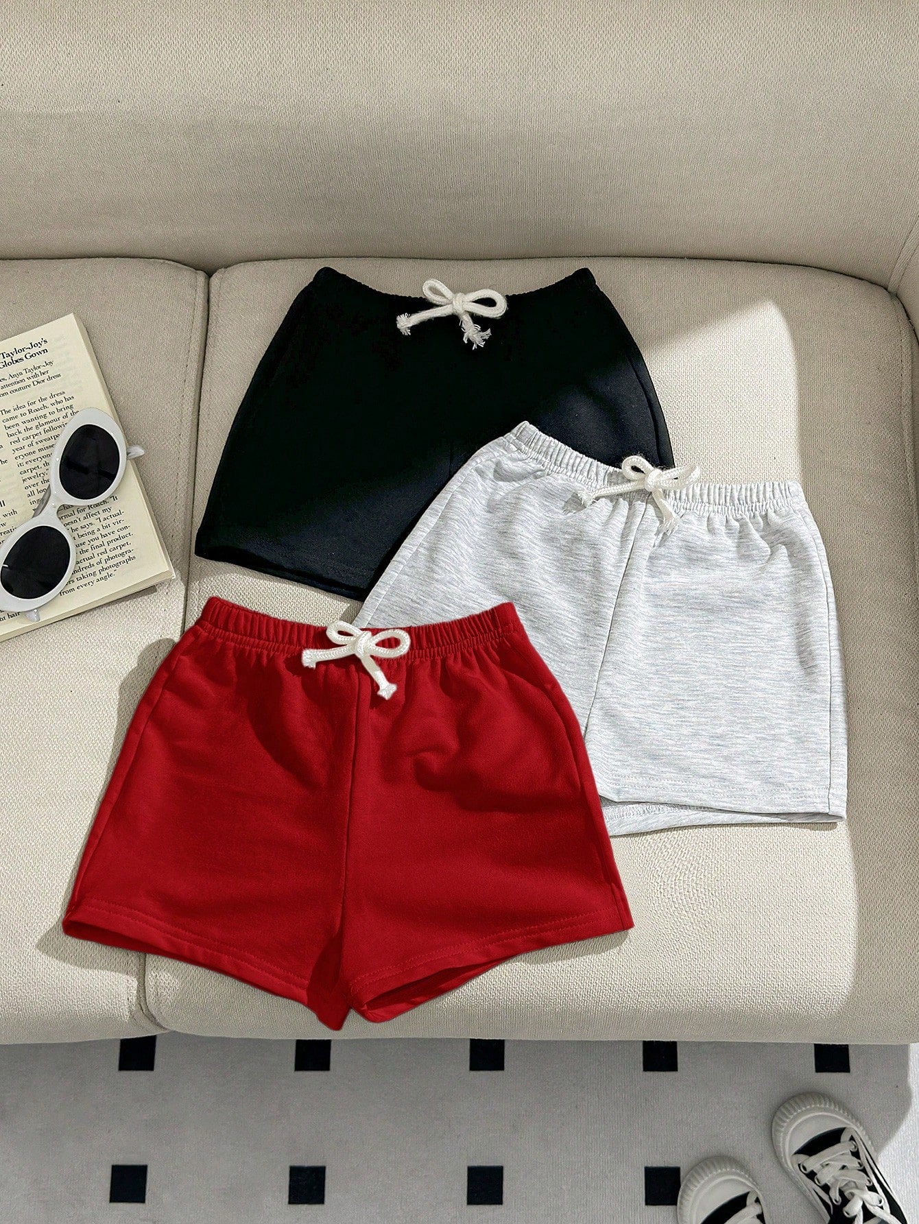 3pcs Baby Boy/Girl Decorative Woven Tape Elastic Waist Sport Shorts Set
