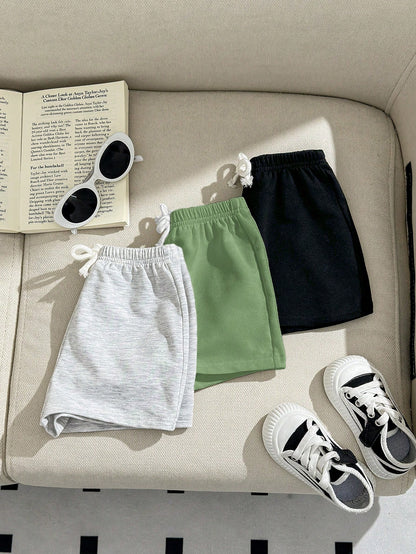 3pcs Baby Boy/Girl Decorative Woven Tape Elastic Waist Sport Shorts Set