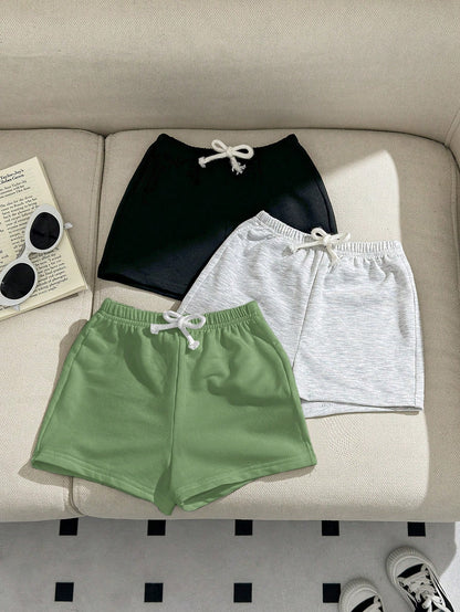 3pcs Baby Boy/Girl Decorative Woven Tape Elastic Waist Sport Shorts Set