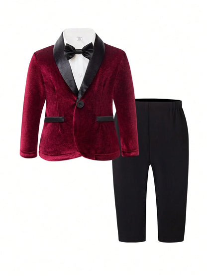 3pcs Baby Boys' Formal Outfit,Long Sleeve Jacket,Pants Bowknot,Wedding Guest Burgundy White Black Summer Luxury Set For Birthday,Christening,Page Boy
