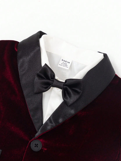 3pcs Baby Boys' Formal Outfit,Long Sleeve Jacket,Pants Bowknot,Wedding Guest Burgundy White Black Summer Luxury Set For Birthday,Christening,Page Boy