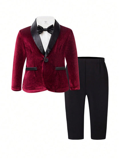 3pcs Baby Boys' Formal Outfit,Long Sleeve Jacket,Pants Bowknot,Wedding Guest Burgundy White Black Summer Luxury Set For Birthday,Christening,Page Boy
